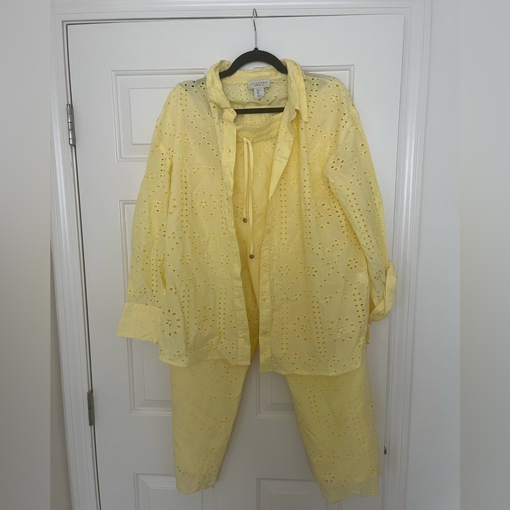 NWOT Calypso St. Barth Yellow Eyelet Shirt and Wide Pants Set Cotton